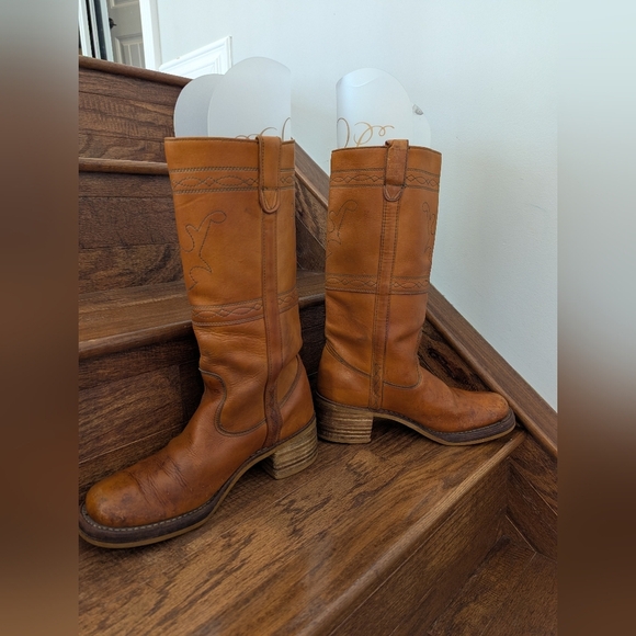 Vintage 70s Longhorn Stitched Campus Frye style Amber leather Western Boots 10 D - Picture 3 of 16